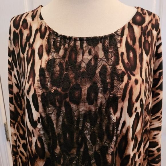 Women's Chico's Top Blouse Black Lace Brown Animal Cheetah Print Popover Size 1 - Picture 2 of 8